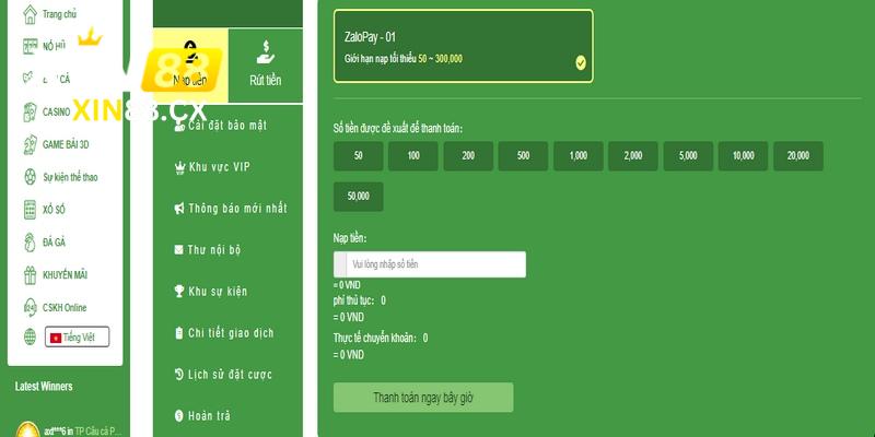 Thực hiện nạp tiền Xin88 qua Zalo Pay