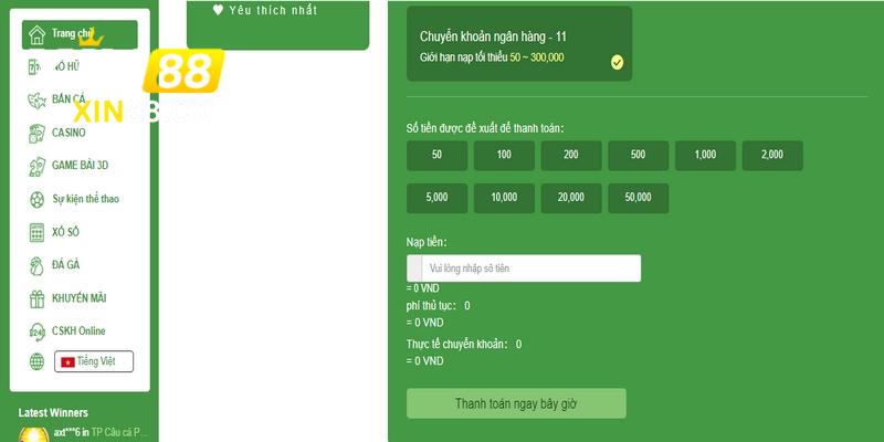 Cách chuyển tiền Xin88 qua ngân hàng online